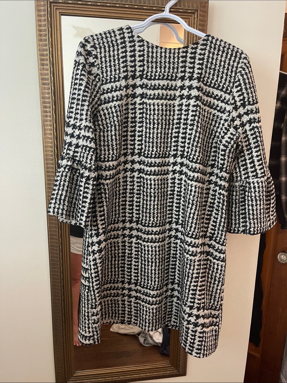 Zara Black & White Checked Midi Dress with Fluted Sleeves